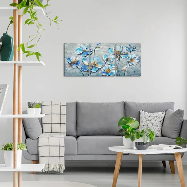Multicolor_Blue_and_Gold_Flower_Wall_Art_3_Panels_Blooming_Magnolia_Floral_Painting_Canvas_Print_Elegant_Picture_|_For_Living_Room_Bedroom_Wall_Decoration_Ready_to_Hang