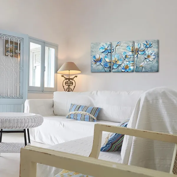 Multicolor_Blue_and_Gold_Flower_Wall_Art_3_Panels_Blooming_Magnolia_Floral_Painting_Canvas_Print_Elegant_Picture_|_For_Living_Room_Bedroom_Wall_Decoration_Ready_to_Hang