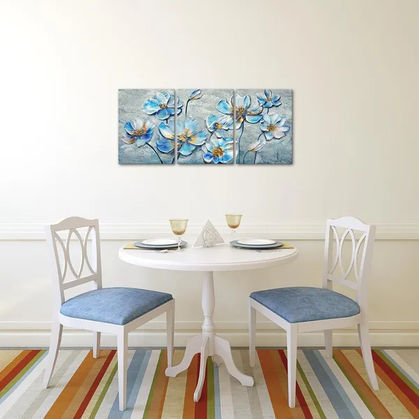 Multicolor_Blue_and_Gold_Flower_Wall_Art_3_Panels_Blooming_Magnolia_Floral_Painting_Canvas_Print_Elegant_Picture_|_For_Living_Room_Bedroom_Wall_Decoration_Ready_to_Hang