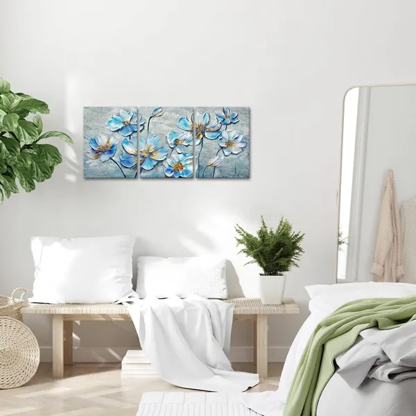 Multicolor_Blue_and_Gold_Flower_Wall_Art_3_Panels_Blooming_Magnolia_Floral_Painting_Canvas_Print_Elegant_Picture_|_For_Living_Room_Bedroom_Wall_Decoration_Ready_to_Hang