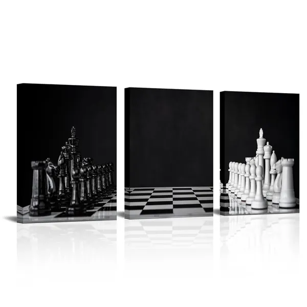 Multicolor_3_Panel_Black_and_White_Chess_Canvas_Wall_Art_Modern_Game_Picture_Poster_Prints_Chessboard_Painting_Framed_Vintage_Living_Room_Office_Decor