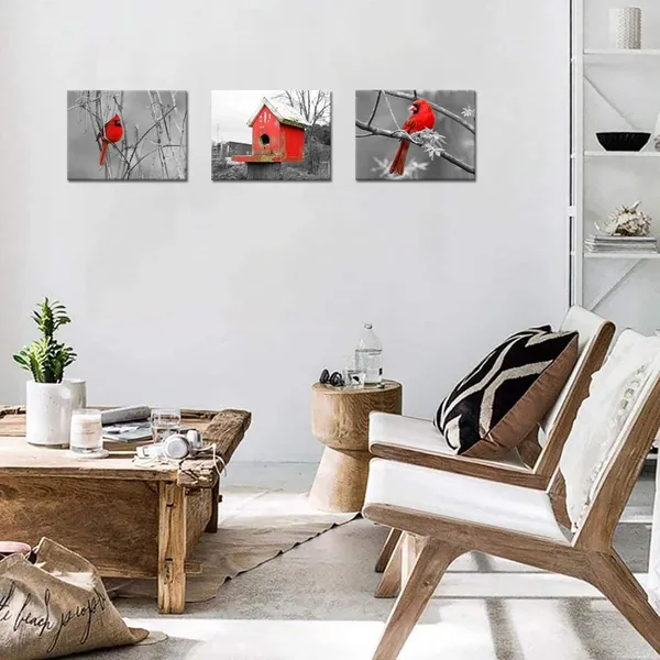 Multicolor_3_Piece_Black_and_White_Canvas_Print_Wall_Deocr_Red_Cardinal_Poster_Bird_Wild_Animal_Picture_Winter_Scenery_Painting_|_For_Living_Room_Bathroom_Home_Decor_Easy_to_Hang_12"x16"x3_PCS