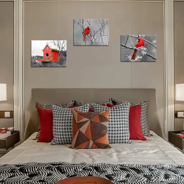 Multicolor_3_Piece_Black_and_White_Canvas_Print_Wall_Deocr_Red_Cardinal_Poster_Bird_Wild_Animal_Picture_Winter_Scenery_Painting_|_For_Living_Room_Bathroom_Home_Decor_Easy_to_Hang_12"x16"x3_PCS