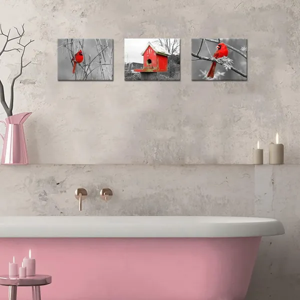 Multicolor_3_Piece_Black_and_White_Canvas_Print_Wall_Deocr_Red_Cardinal_Poster_Bird_Wild_Animal_Picture_Winter_Scenery_Painting_|_For_Living_Room_Bathroom_Home_Decor_Easy_to_Hang_12"x16"x3_PCS