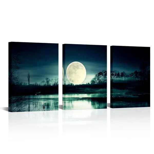 Multicolor_Full_Moon_Over_Lake_Canvas_Wall_Art_Teal_Green_Painting_Peaceful_Nature_Landscape_Picture_Poster_Print_Home_Farmhouse_Bathroom_Decor_3_Panels_Framed_Artwork