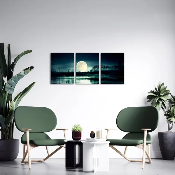 Multicolor_Full_Moon_Over_Lake_Canvas_Wall_Art_Teal_Green_Painting_Peaceful_Nature_Landscape_Picture_Poster_Print_Home_Farmhouse_Bathroom_Decor_3_Panels_Framed_Artwork