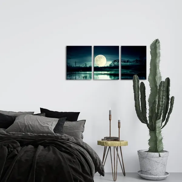 Multicolor_Full_Moon_Over_Lake_Canvas_Wall_Art_Teal_Green_Painting_Peaceful_Nature_Landscape_Picture_Poster_Print_Home_Farmhouse_Bathroom_Decor_3_Panels_Framed_Artwork