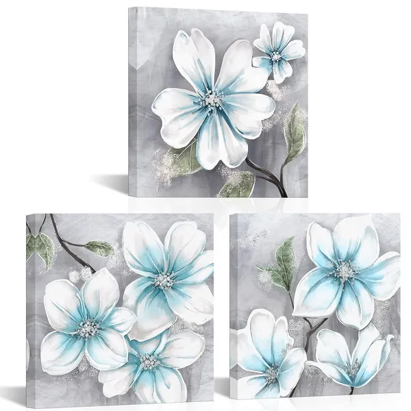 Multicolor_Modern_Bathroom_Wall_Art_3_Piece_Magnolia_Flower_Picture_Wall_Decor_Blue_and_White_Floral_Painting_Still_Life_Artwork_Home_Bedroom_Kitchen_Framed_Ready_to_Hang