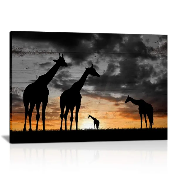 Multicolor_Black_and_White_Canvas_Wall_Art_Giraffes_Family_Stand_in_Grassland_Picture_Prints_Africa_Golden_Sunset_Landscape_Poster_Ready_to_Hang_|_For_Home_Living_Room_Bedroom_Decor_16"x24"