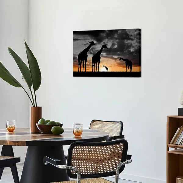 Multicolor_Black_and_White_Canvas_Wall_Art_Giraffes_Family_Stand_in_Grassland_Picture_Prints_Africa_Golden_Sunset_Landscape_Poster_Ready_to_Hang_|_For_Home_Living_Room_Bedroom_Decor_16"x24"