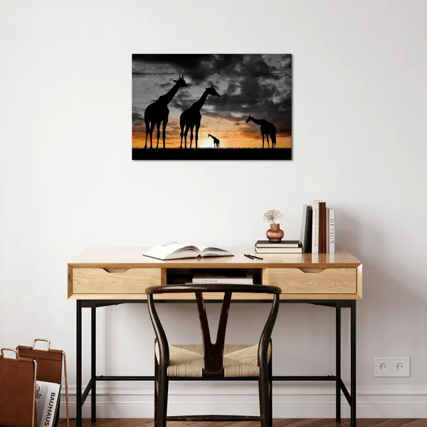 Multicolor_Black_and_White_Canvas_Wall_Art_Giraffes_Family_Stand_in_Grassland_Picture_Prints_Africa_Golden_Sunset_Landscape_Poster_Ready_to_Hang_|_For_Home_Living_Room_Bedroom_Decor_16"x24"