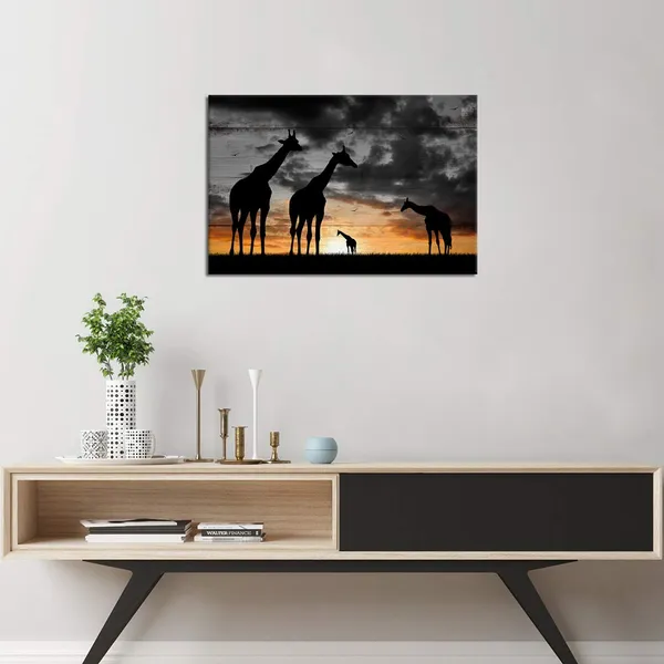 Multicolor_Black_and_White_Canvas_Wall_Art_Giraffes_Family_Stand_in_Grassland_Picture_Prints_Africa_Golden_Sunset_Landscape_Poster_Ready_to_Hang_|_For_Home_Living_Room_Bedroom_Decor_16"x24"