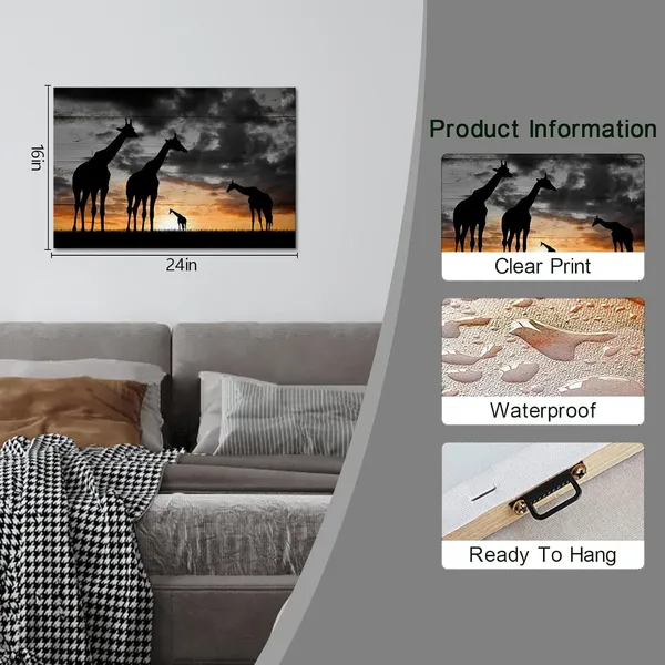 Multicolor_Black_and_White_Canvas_Wall_Art_Giraffes_Family_Stand_in_Grassland_Picture_Prints_Africa_Golden_Sunset_Landscape_Poster_Ready_to_Hang_|_For_Home_Living_Room_Bedroom_Decor_16"x24"