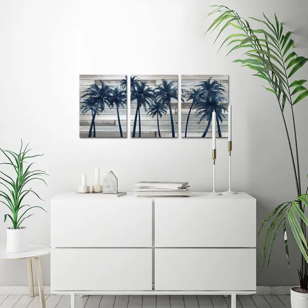 Multicolor_Seaside_Coconut_Palm_Wall_Art_Tropical_Beach_with_Palm_Trees_on_Vintage_Wood_Background_Picture_Painting_on_Canvas_Rustic_Artwork_Home_Kitchen_Bathroom_Bedroom_Decoration_Ready_to_Hang