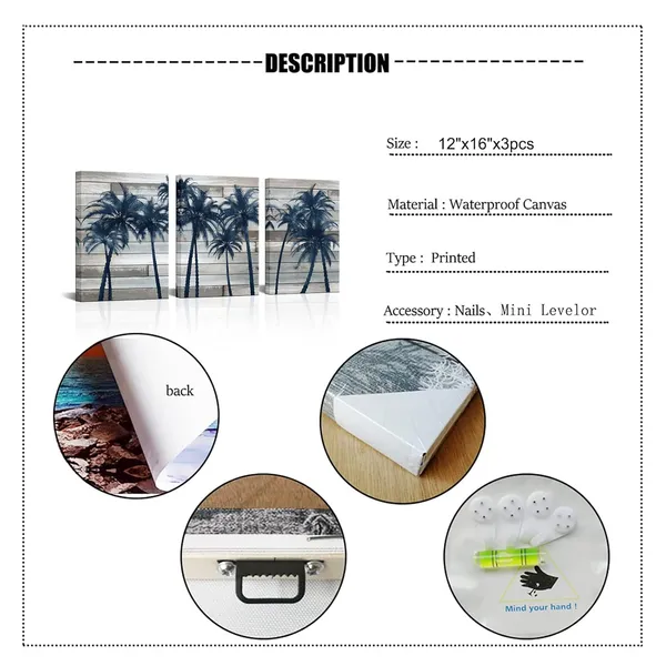 Multicolor_Seaside_Coconut_Palm_Wall_Art_Tropical_Beach_with_Palm_Trees_on_Vintage_Wood_Background_Picture_Painting_on_Canvas_Rustic_Artwork_Home_Kitchen_Bathroom_Bedroom_Decoration_Ready_to_Hang