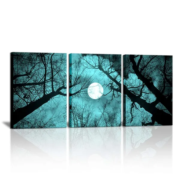 Multicolor_3_Piece_Teal_and_Black_|_Forest_Canvas_Prints_Wall_Decor_Full_Moon_Night_Black_Tree_Landscape_Painting_Print_Gallery_Wrapped_Pictures_|_For_Living_Room_Bedroom_Bathroom_Ready_to_Hang_12"x16"x3PCS