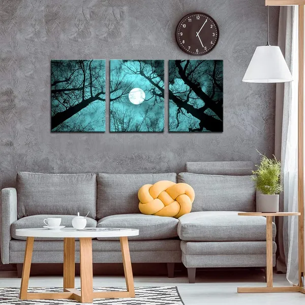 Multicolor_3_Piece_Teal_and_Black_|_Forest_Canvas_Prints_Wall_Decor_Full_Moon_Night_Black_Tree_Landscape_Painting_Print_Gallery_Wrapped_Pictures_|_For_Living_Room_Bedroom_Bathroom_Ready_to_Hang_12"x16"x3PCS