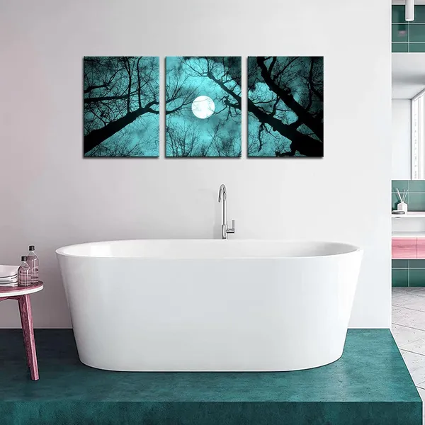 Multicolor_3_Piece_Teal_and_Black_|_Forest_Canvas_Prints_Wall_Decor_Full_Moon_Night_Black_Tree_Landscape_Painting_Print_Gallery_Wrapped_Pictures_|_For_Living_Room_Bedroom_Bathroom_Ready_to_Hang_12"x16"x3PCS