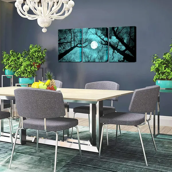 Multicolor_3_Piece_Teal_and_Black_|_Forest_Canvas_Prints_Wall_Decor_Full_Moon_Night_Black_Tree_Landscape_Painting_Print_Gallery_Wrapped_Pictures_|_For_Living_Room_Bedroom_Bathroom_Ready_to_Hang_12"x16"x3PCS