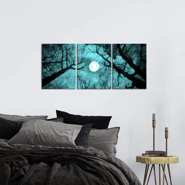 Multicolor_3_Piece_Teal_and_Black_|_Forest_Canvas_Prints_Wall_Decor_Full_Moon_Night_Black_Tree_Landscape_Painting_Print_Gallery_Wrapped_Pictures_|_For_Living_Room_Bedroom_Bathroom_Ready_to_Hang_12"x16"x3PCS