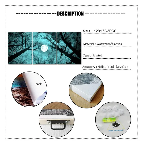 Multicolor_3_Piece_Teal_and_Black_|_Forest_Canvas_Prints_Wall_Decor_Full_Moon_Night_Black_Tree_Landscape_Painting_Print_Gallery_Wrapped_Pictures_|_For_Living_Room_Bedroom_Bathroom_Ready_to_Hang_12"x16"x3PCS