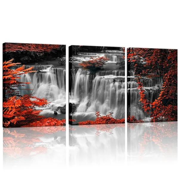 Multicolor_3_Pieces_Black_and_White_Canvas_Wall_Art_Red_|_Forest_Waterfall_Canvas_Print_Nature_Landscape_Paintings_Framed_Picture_Modern_Home_Office_Living_Room_Wall_Decoration_12"x16"x3pcs