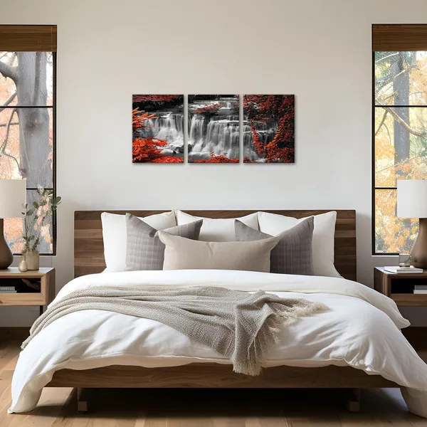 Multicolor_3_Pieces_Black_and_White_Canvas_Wall_Art_Red_|_Forest_Waterfall_Canvas_Print_Nature_Landscape_Paintings_Framed_Picture_Modern_Home_Office_Living_Room_Wall_Decoration_12"x16"x3pcs