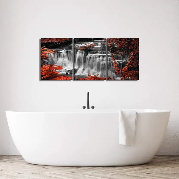 Multicolor_3_Pieces_Black_and_White_Canvas_Wall_Art_Red_|_Forest_Waterfall_Canvas_Print_Nature_Landscape_Paintings_Framed_Picture_Modern_Home_Office_Living_Room_Wall_Decoration_12"x16"x3pcs