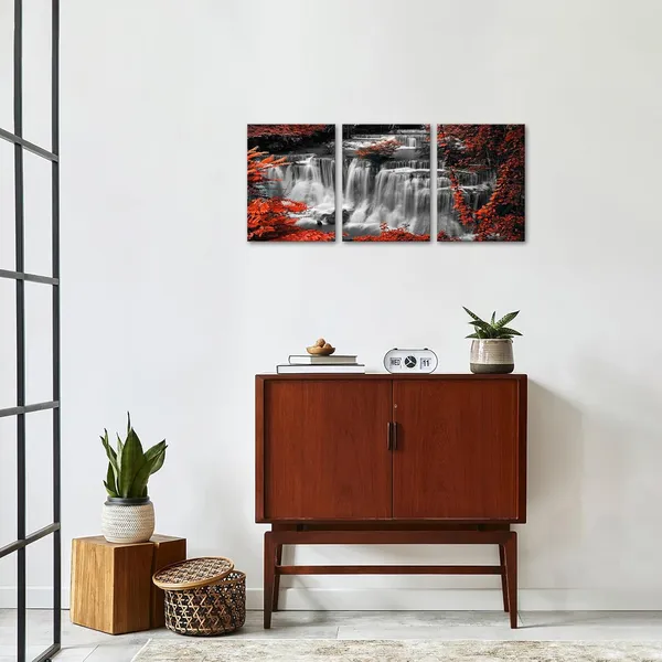 Multicolor_3_Pieces_Black_and_White_Canvas_Wall_Art_Red_|_Forest_Waterfall_Canvas_Print_Nature_Landscape_Paintings_Framed_Picture_Modern_Home_Office_Living_Room_Wall_Decoration_12"x16"x3pcs