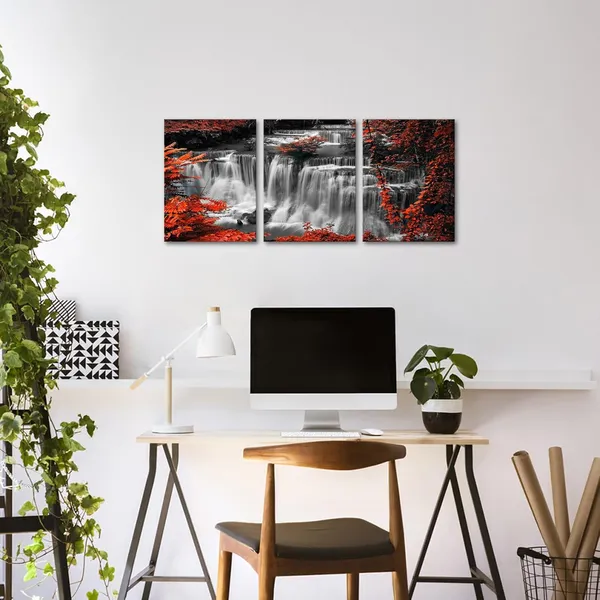 Multicolor_3_Pieces_Black_and_White_Canvas_Wall_Art_Red_|_Forest_Waterfall_Canvas_Print_Nature_Landscape_Paintings_Framed_Picture_Modern_Home_Office_Living_Room_Wall_Decoration_12"x16"x3pcs