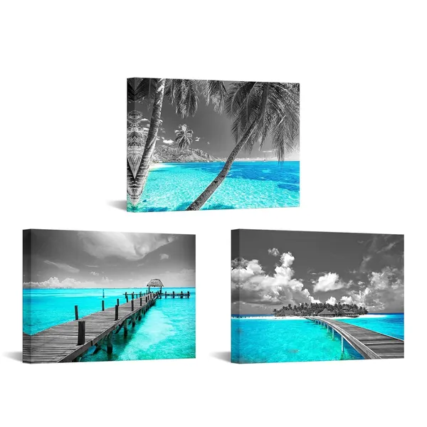 Multicolor_3_Piece_Canvas_Prints_Teal_Beach_Wall_Art_Ocean_Tropical_Palm_Tree_Pictures_Grey_Turquoise_Sea_Painting_Bathroom_Art_Canvas_|_For_Home_and_Office_Bedroom_Decor_Ready_to_Hang