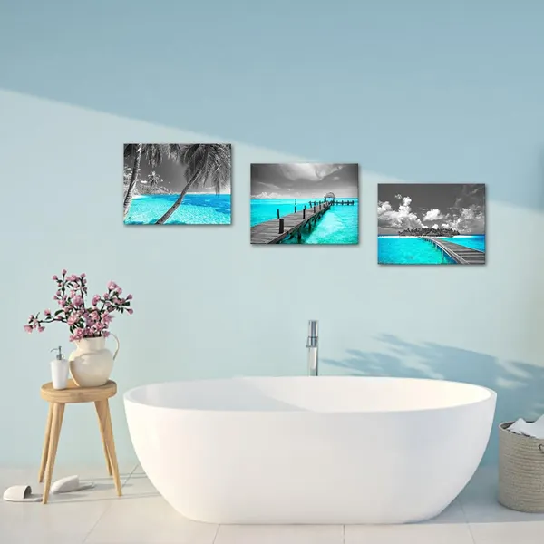 Multicolor_3_Piece_Canvas_Prints_Teal_Beach_Wall_Art_Ocean_Tropical_Palm_Tree_Pictures_Grey_Turquoise_Sea_Painting_Bathroom_Art_Canvas_|_For_Home_and_Office_Bedroom_Decor_Ready_to_Hang