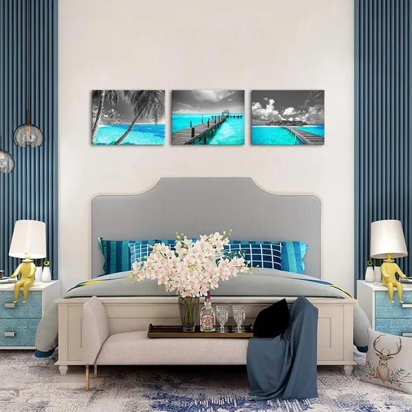 Multicolor_3_Piece_Canvas_Prints_Teal_Beach_Wall_Art_Ocean_Tropical_Palm_Tree_Pictures_Grey_Turquoise_Sea_Painting_Bathroom_Art_Canvas_|_For_Home_and_Office_Bedroom_Decor_Ready_to_Hang