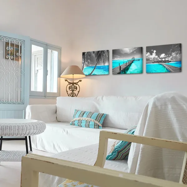 Multicolor_3_Piece_Canvas_Prints_Teal_Beach_Wall_Art_Ocean_Tropical_Palm_Tree_Pictures_Grey_Turquoise_Sea_Painting_Bathroom_Art_Canvas_|_For_Home_and_Office_Bedroom_Decor_Ready_to_Hang