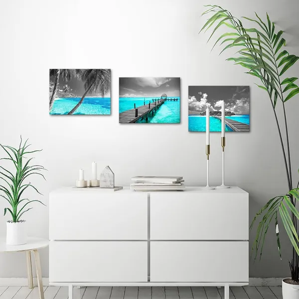 Multicolor_3_Piece_Canvas_Prints_Teal_Beach_Wall_Art_Ocean_Tropical_Palm_Tree_Pictures_Grey_Turquoise_Sea_Painting_Bathroom_Art_Canvas_|_For_Home_and_Office_Bedroom_Decor_Ready_to_Hang