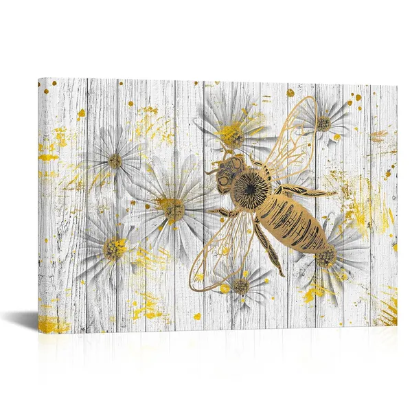 Multicolor_Insect_Animal_Wall_Art_Honey_Bee_Daisy_Paintings_on_Canvas_Grey_Yellow_Picture_Rustic_Artwork_Home_Farmhouse_Kitchen_Bathroom_Decor_Stretched_and_Framed_Ready_to_Hang