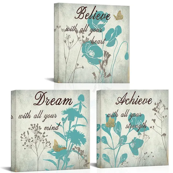 Multicolor_3_Panel_Canvas_Wall_Art_Teal_Turquoise_Floral_with_Inspirational_Quotes_Picture_Giclee_Print_Retro_Flower_Painting_Vintage_Art_Wall_Decor_Gallery_Wrap_Home_Bedroom_Bathroom_Decoration