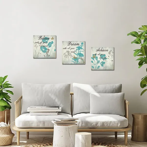 Multicolor_3_Panel_Canvas_Wall_Art_Teal_Turquoise_Floral_with_Inspirational_Quotes_Picture_Giclee_Print_Retro_Flower_Painting_Vintage_Art_Wall_Decor_Gallery_Wrap_Home_Bedroom_Bathroom_Decoration