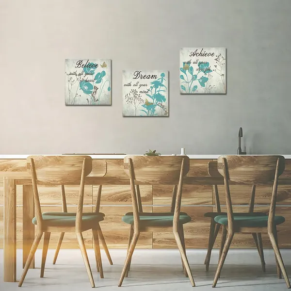 Multicolor_3_Panel_Canvas_Wall_Art_Teal_Turquoise_Floral_with_Inspirational_Quotes_Picture_Giclee_Print_Retro_Flower_Painting_Vintage_Art_Wall_Decor_Gallery_Wrap_Home_Bedroom_Bathroom_Decoration