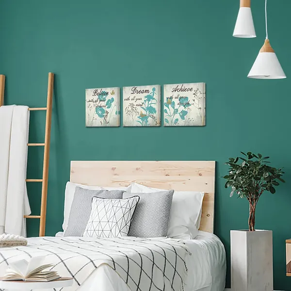 Multicolor_3_Panel_Canvas_Wall_Art_Teal_Turquoise_Floral_with_Inspirational_Quotes_Picture_Giclee_Print_Retro_Flower_Painting_Vintage_Art_Wall_Decor_Gallery_Wrap_Home_Bedroom_Bathroom_Decoration