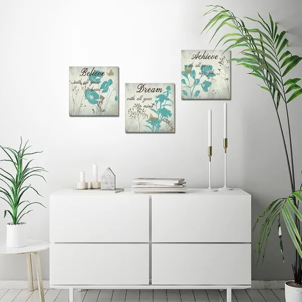 Multicolor_3_Panel_Canvas_Wall_Art_Teal_Turquoise_Floral_with_Inspirational_Quotes_Picture_Giclee_Print_Retro_Flower_Painting_Vintage_Art_Wall_Decor_Gallery_Wrap_Home_Bedroom_Bathroom_Decoration