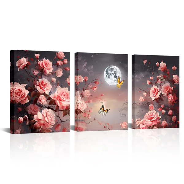 Multicolor_3_Piece_Romantic_Rose_Wall_Art_Pink_Rose_Flower_Night_Full_Moon_Landscape_Framed_Nature_Floral_Painting_Ready_to_Hang_|_For_Bedroom_Decor