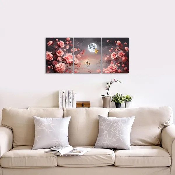 Multicolor_3_Piece_Romantic_Rose_Wall_Art_Pink_Rose_Flower_Night_Full_Moon_Landscape_Framed_Nature_Floral_Painting_Ready_to_Hang_|_For_Bedroom_Decor