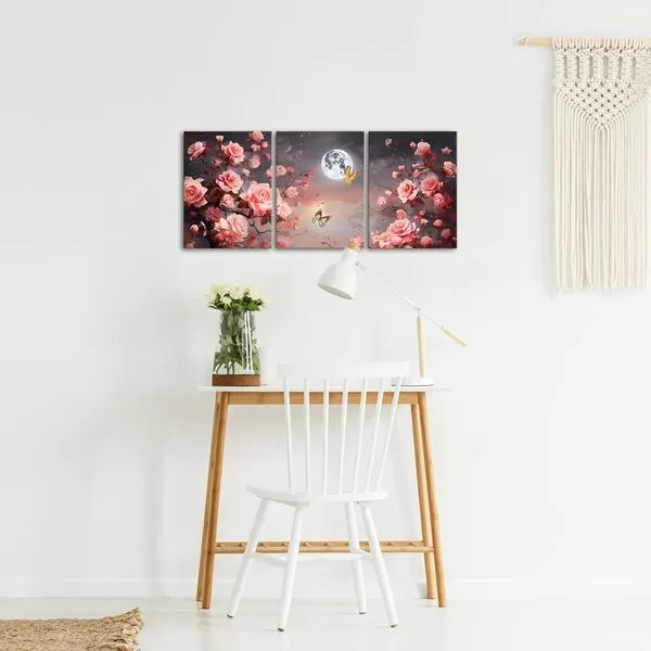 Multicolor_3_Piece_Romantic_Rose_Wall_Art_Pink_Rose_Flower_Night_Full_Moon_Landscape_Framed_Nature_Floral_Painting_Ready_to_Hang_|_For_Bedroom_Decor