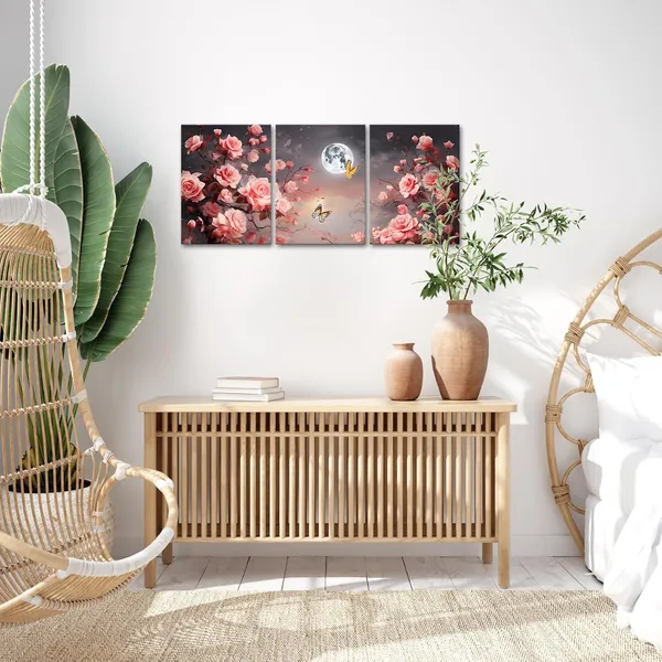 Multicolor_3_Piece_Romantic_Rose_Wall_Art_Pink_Rose_Flower_Night_Full_Moon_Landscape_Framed_Nature_Floral_Painting_Ready_to_Hang_|_For_Bedroom_Decor