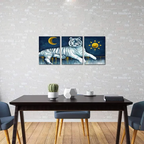 Multicolor_Animal_Canvas_Wall_Art_Tiger_with_Moon_and_Sun_Landscape_Paintings_Gold_and_Blue_Picture_Contemporary_Artwork_|_For_Home_Office_Bedroom_Living_Room_Wall_Decor_12x16in_3_Pieces_Framed_Canvas_Print