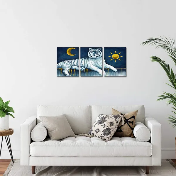 Multicolor_Animal_Canvas_Wall_Art_Tiger_with_Moon_and_Sun_Landscape_Paintings_Gold_and_Blue_Picture_Contemporary_Artwork_|_For_Home_Office_Bedroom_Living_Room_Wall_Decor_12x16in_3_Pieces_Framed_Canvas_Print