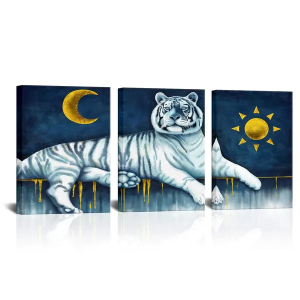 Multicolor_Animal_Canvas_Wall_Art_Tiger_with_Moon_and_Sun_Landscape_Paintings_Gold_and_Blue_Picture_Contemporary_Artwork_|_For_Home_Office_Bedroom_Living_Room_Wall_Decor_12x16in_3_Pieces_Framed_Canvas_Print