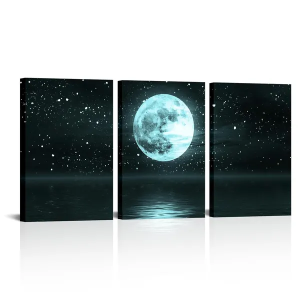 Multicolor_3_Panels_Moon_Sea_Wall_Art_Teal_Blue_Full_Moon_on_Ocean_Landscape_Canvas_Picture_Turquoise_Night_Seascape_Artwork_Painting_Office_Home_Decoration_Framed