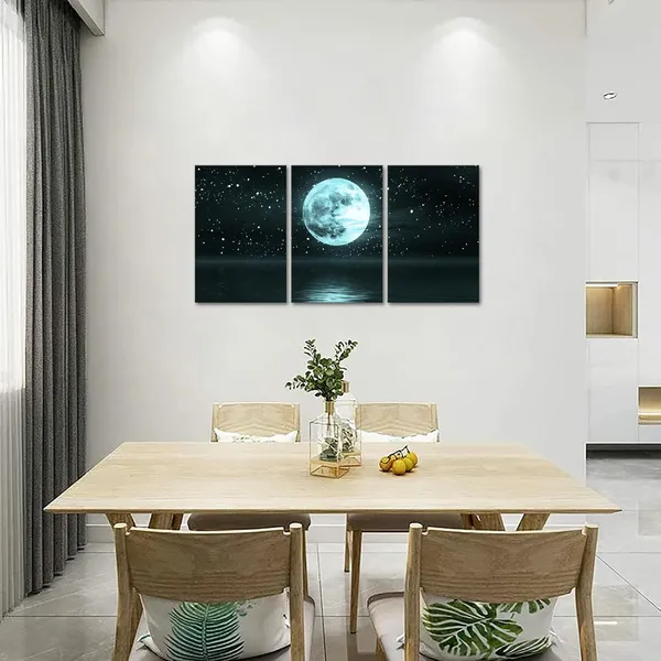 Multicolor_3_Panels_Moon_Sea_Wall_Art_Teal_Blue_Full_Moon_on_Ocean_Landscape_Canvas_Picture_Turquoise_Night_Seascape_Artwork_Painting_Office_Home_Decoration_Framed